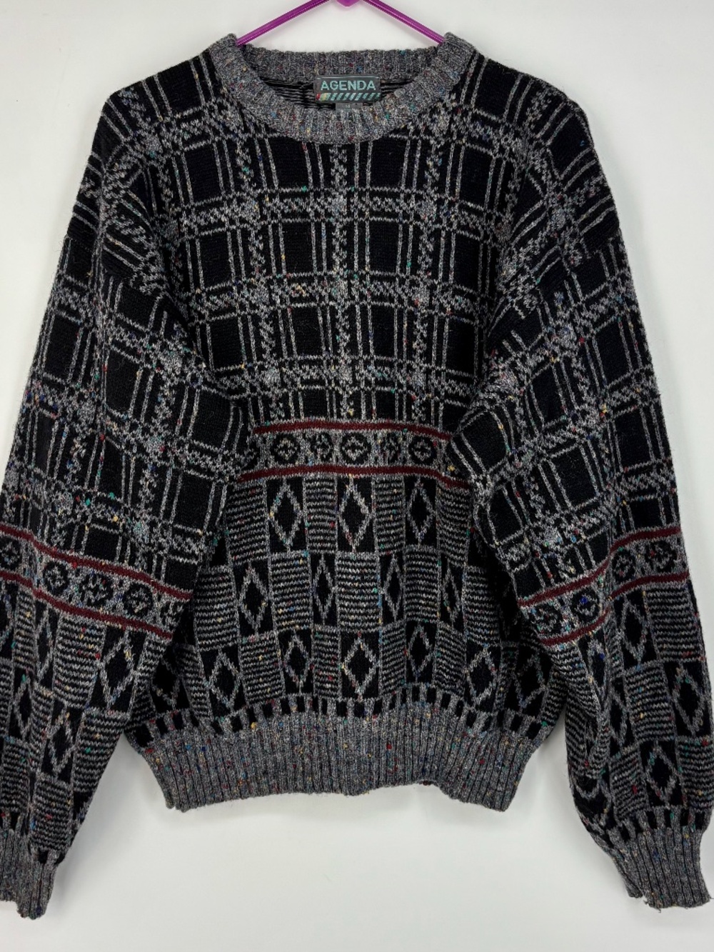 Agenda Mens XL Vintage Crewneck Sweater Wool Blend Multi Gray Geometric Long Slv